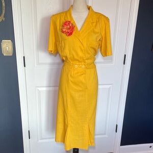 Vintage Stuart Alan Yellow Short-Sleeve Faux Wrap Linen Look Midi Dress Size 18